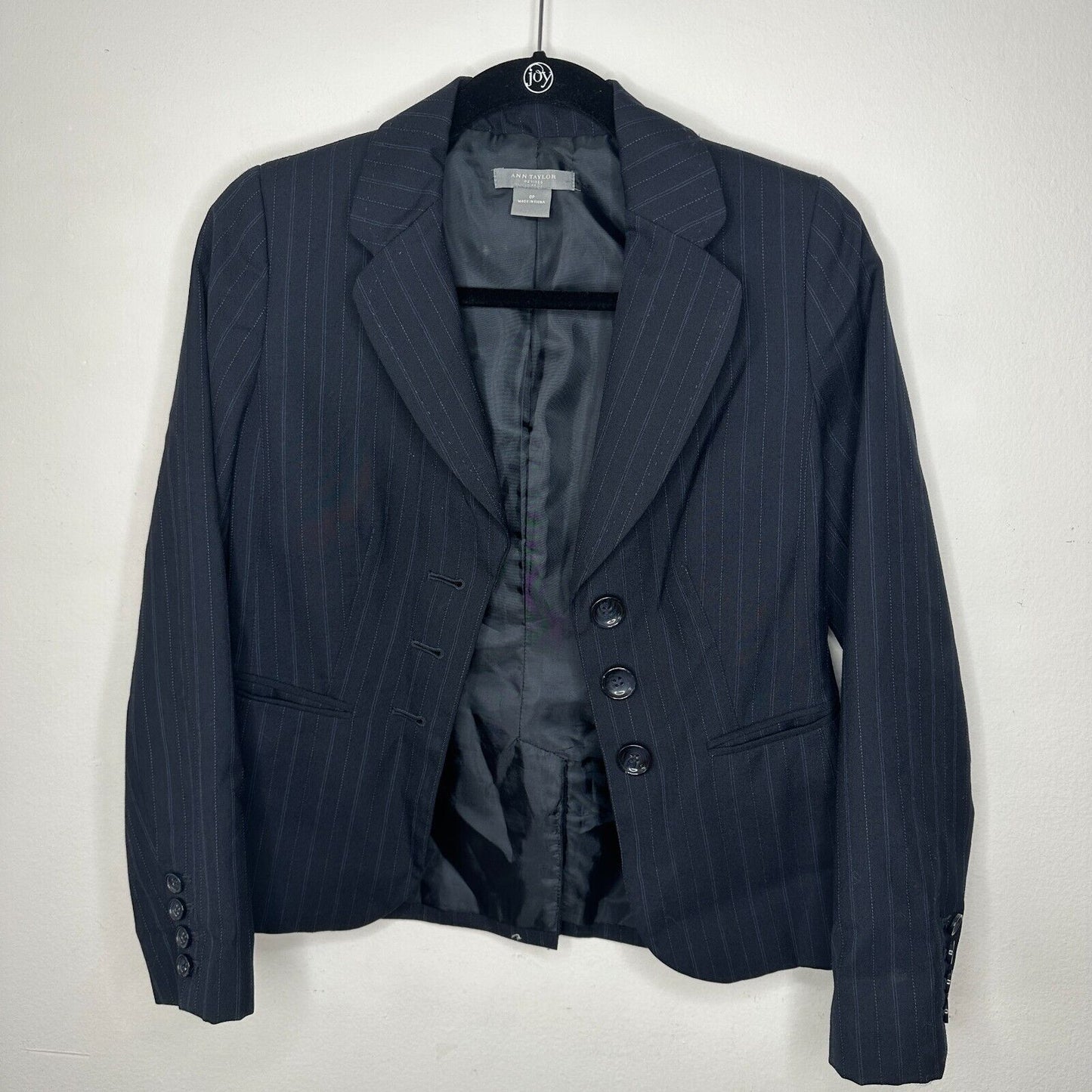 Ann Taylor Navy Pinstripe Crop Blazer Shawl Collar Button Sleeve Welt Pocket OP