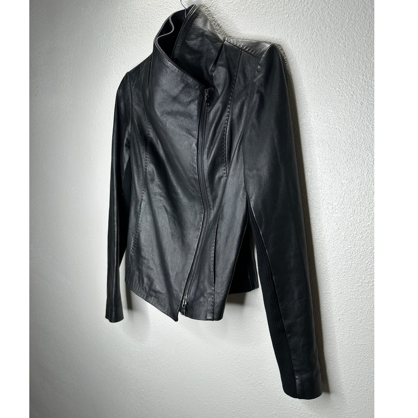 Vince Black Soft Lamb Leather Scuba Moto Jacket Asymmetrical Zip S