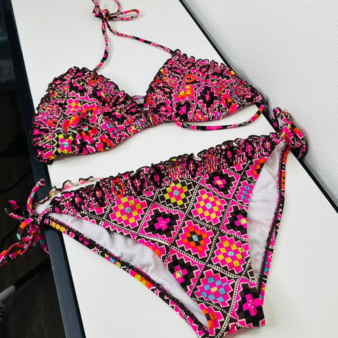 BIllabong Brown Pink Yellow Multi Print Ruched Ruffle Trim Bikini L