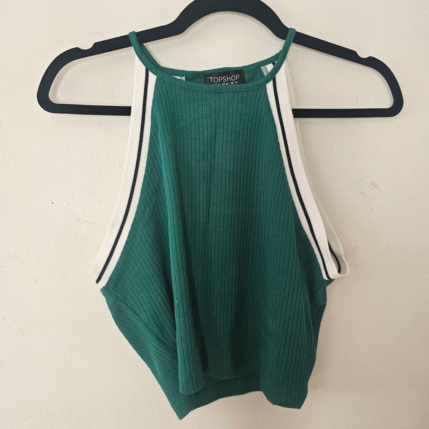 Topshop Cute Green Ribbed Knit White & Black Stripe Trim Halter Neck Crop 10