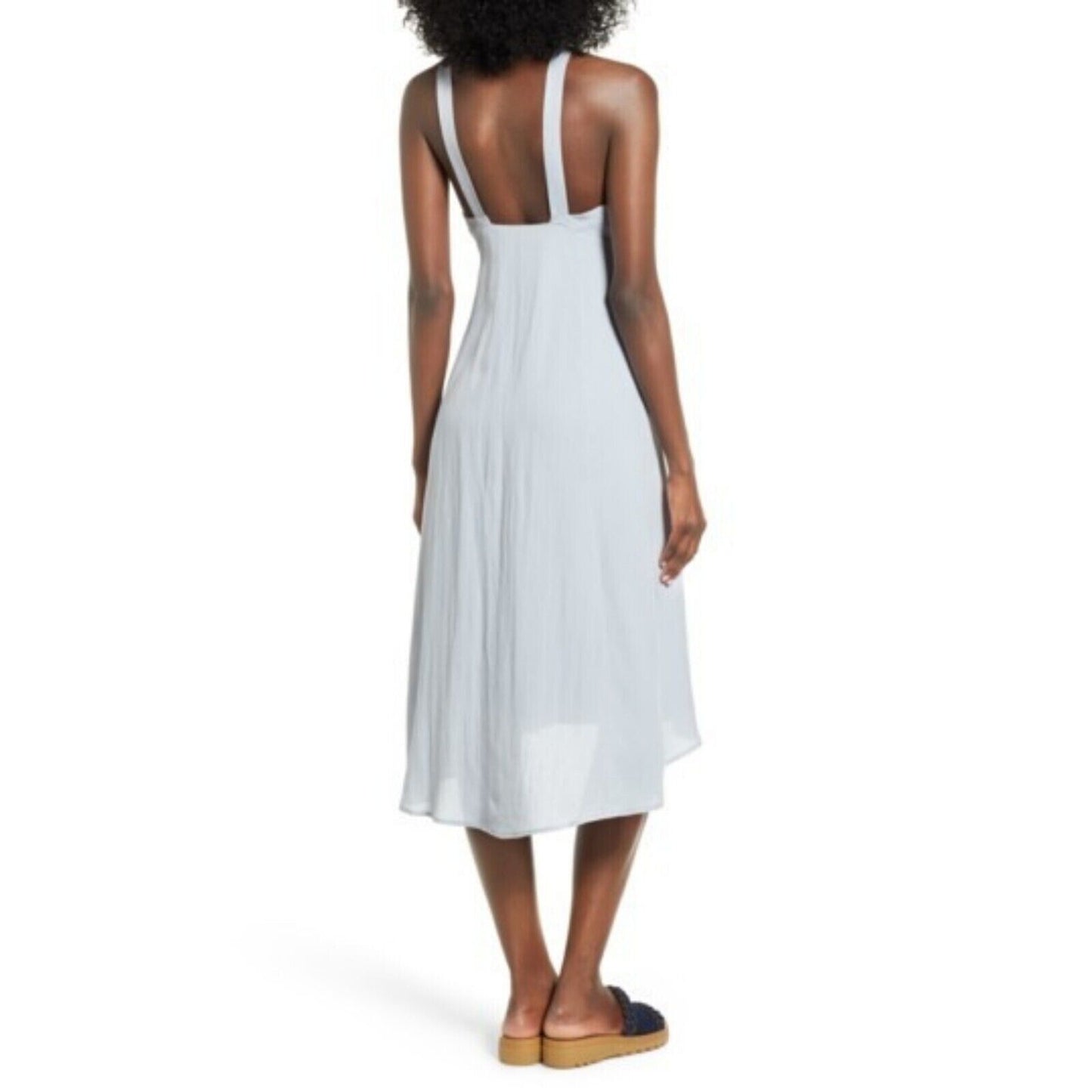 ASTR The Label Light Blue Denim Linen Tie Front Button Closure Midi Dress Medium