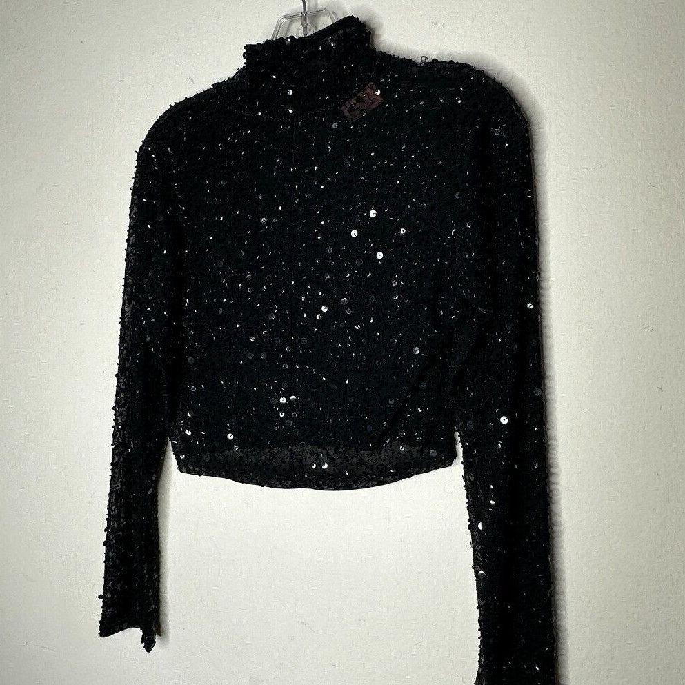 Dyspnea Sheer Black Sequin Mesh Mock Neck Long Sleeve Crop Top Hand Beaded Small
