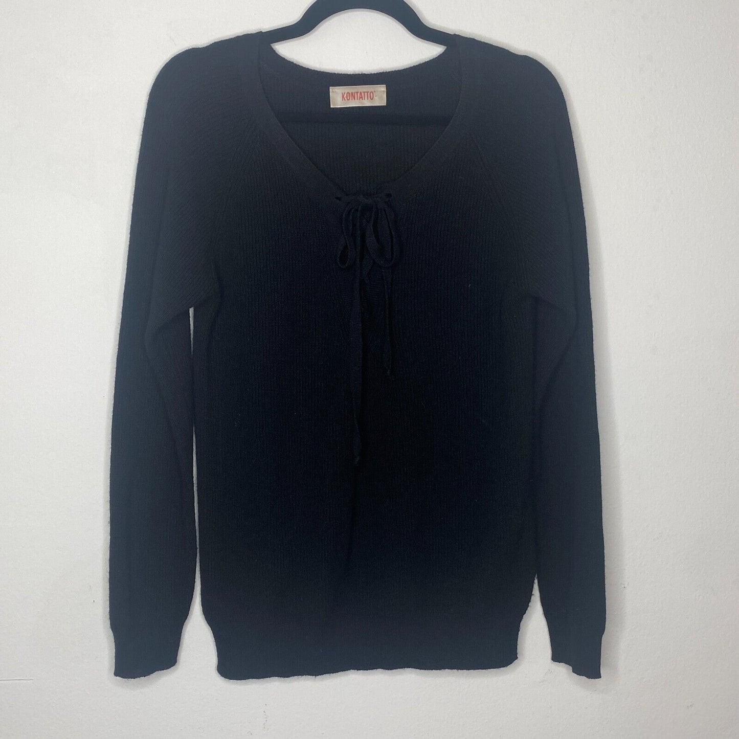Kontatto Black Long Sleeve Front Tie Lace up V-Neck Long Sleeve Sweater Jumper S