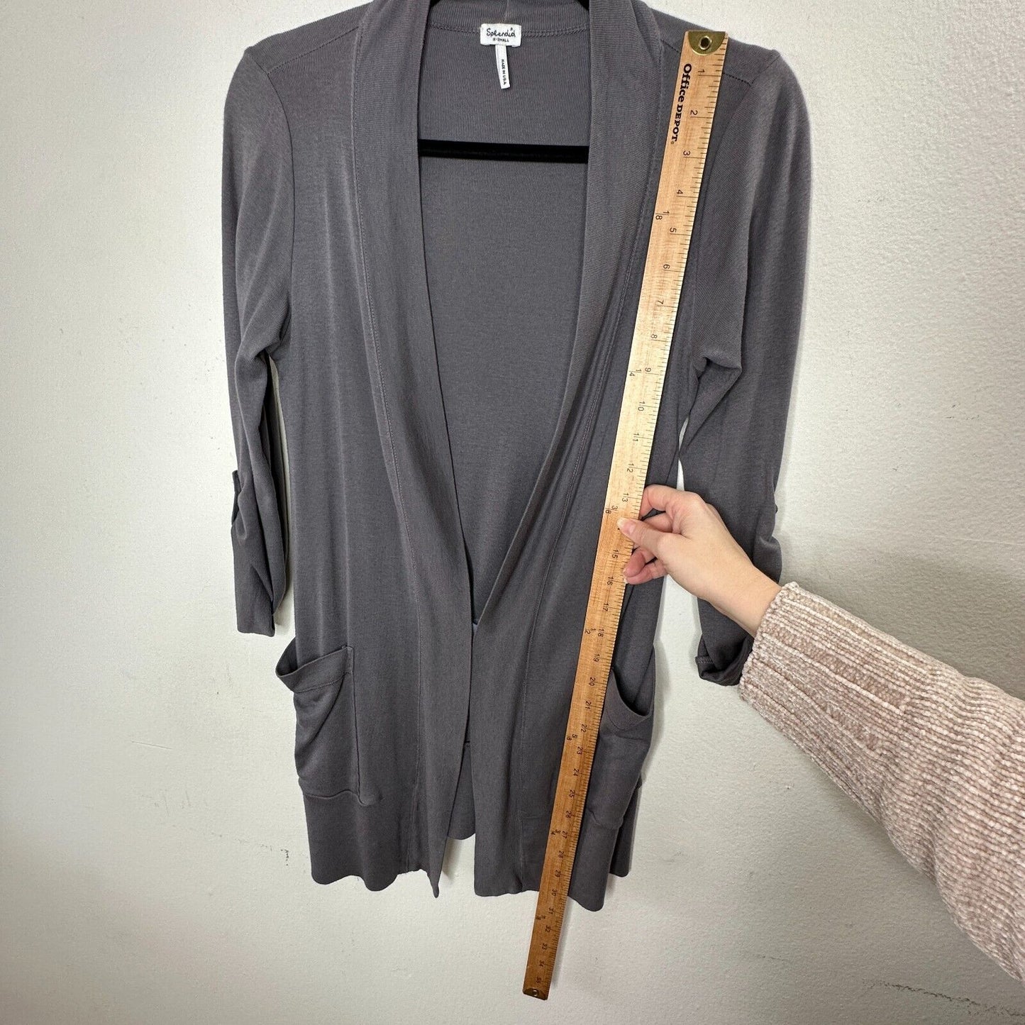 Splendid Slate Gray Open-Front Roll Tab Sleeve Front Pocket Stretch Cardigan XS