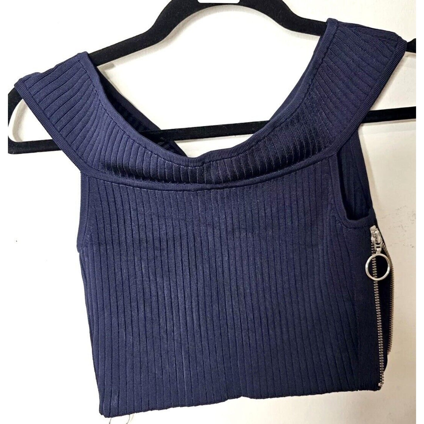 Arc Navy Blue Off Shoulder Ribbed Sweater Silver Side Zip Crop Top P S
