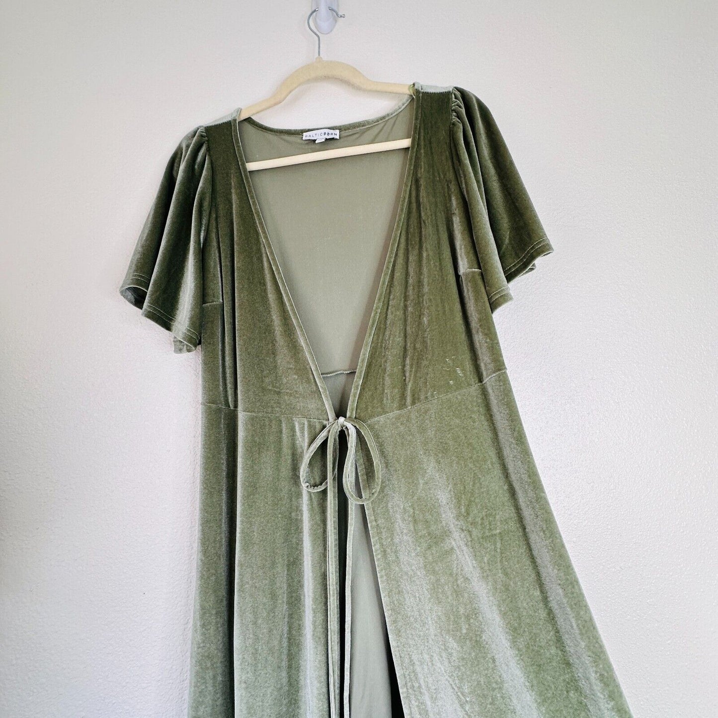 Baltic Born Light Sage Green Velour Short Flutter Sleeve Maxi Wrap Dress S