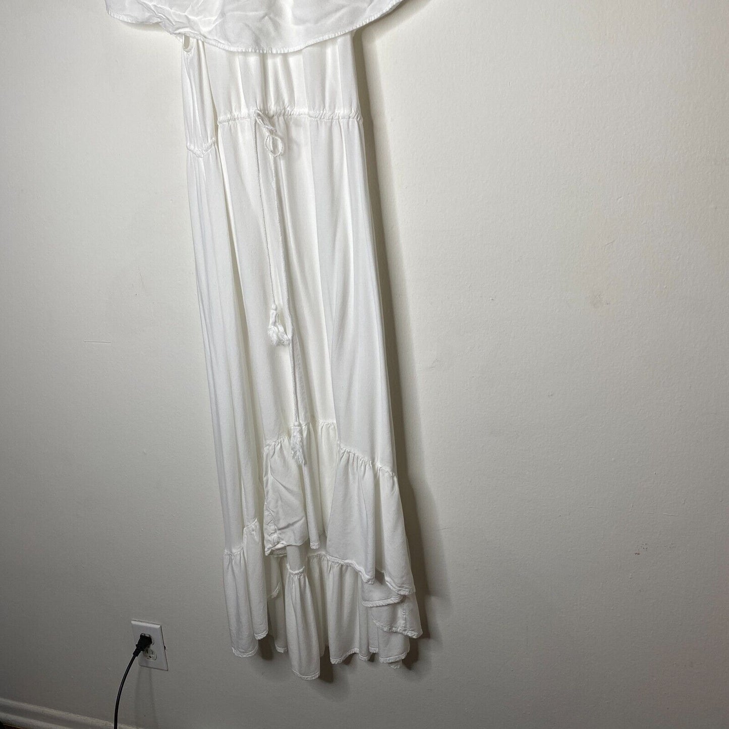 Aqua White Off-Shoulder Flowy Boho Dress Tiered Ruffle Empire Tie Waist Maxi Med