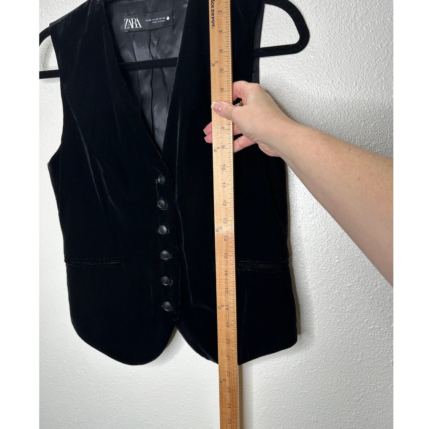 Zara Black Velour Tailored Button Front Vest Front Flap Details XS