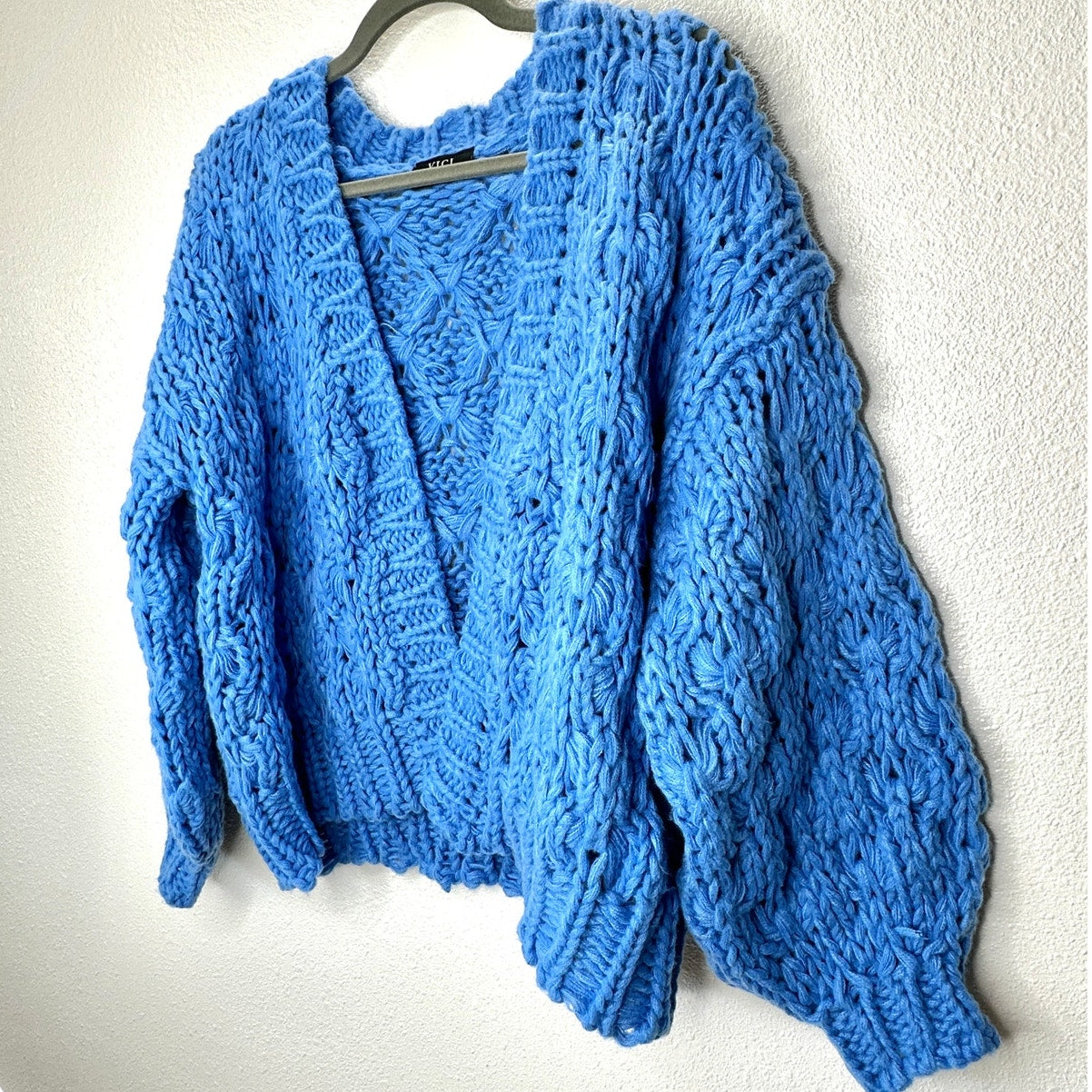 Vici Dusty Blue Chunky Knit Oversized Open Front Cardigan Sweater S