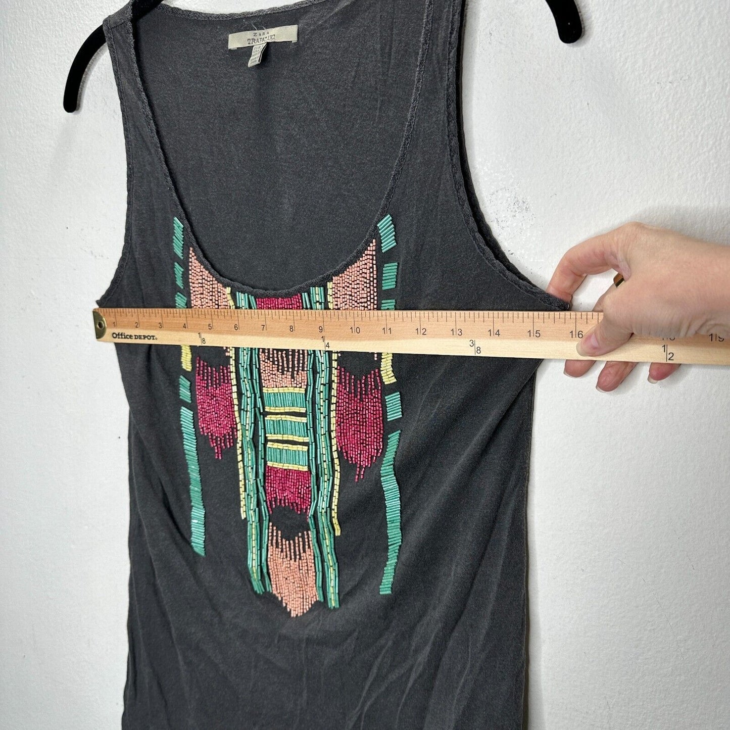 Zara Trafaluc Gray Multicolor Teal Pink Yellow Beaded Aztec Design Tank Top SM