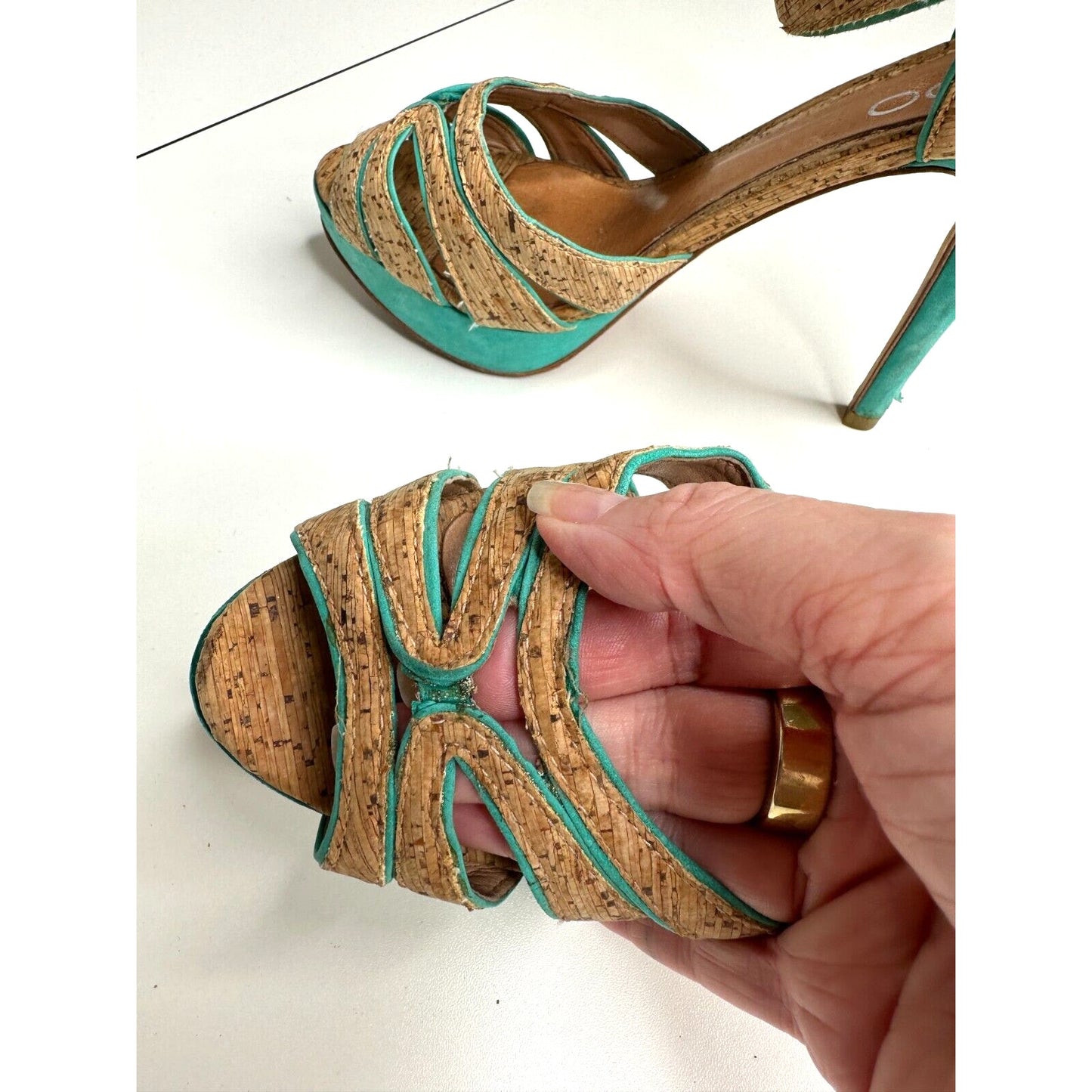 Aldo Platform Turquoise Suede & Tan Cork Stiletto Heel Ankle Strap Sandal 5.5