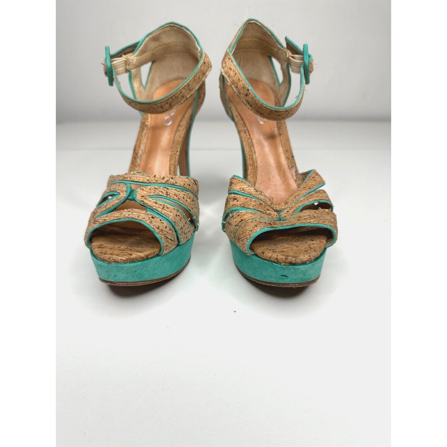 Aldo Platform Turquoise Suede & Tan Cork Stiletto Heel Ankle Strap Sandal 5.5