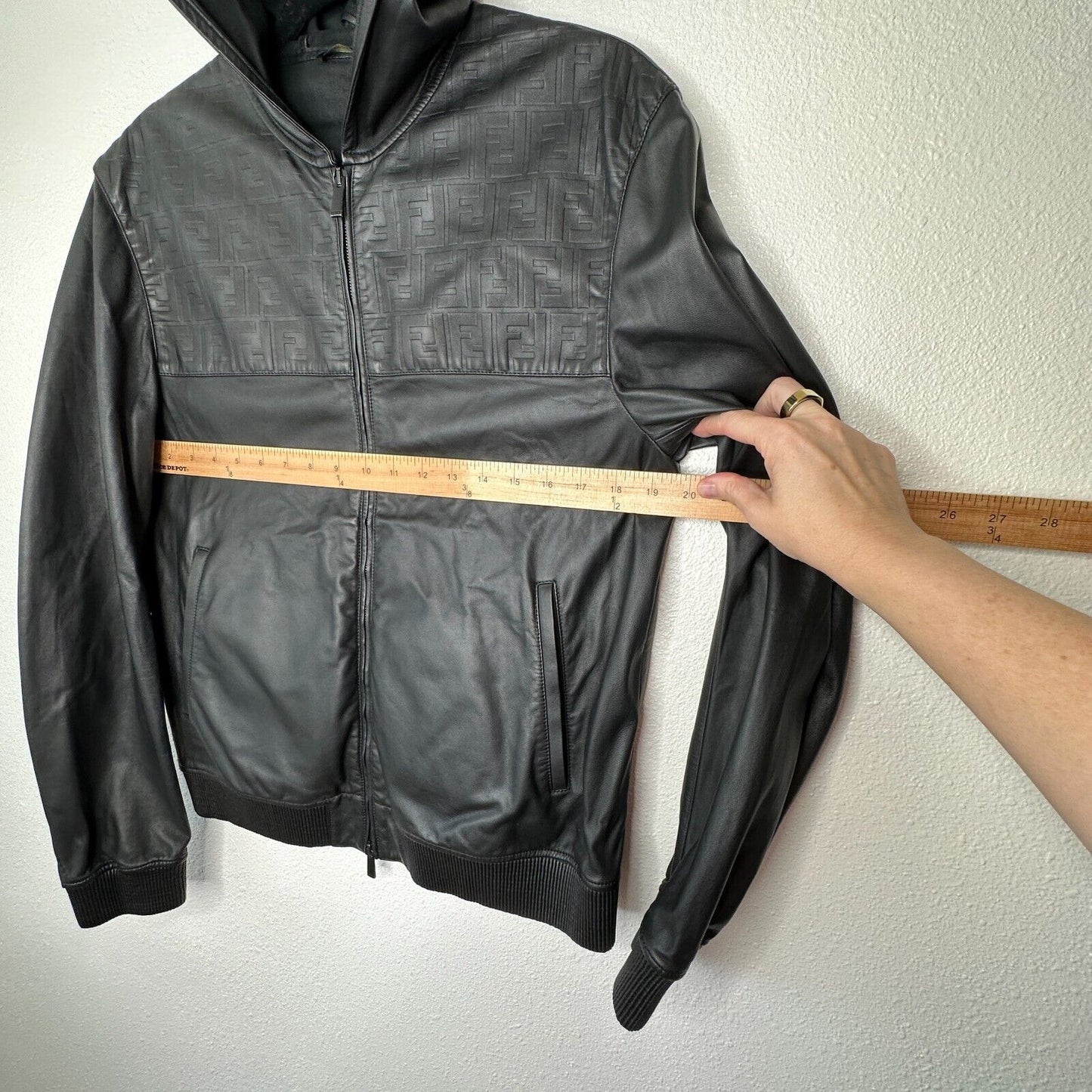 Fendi Black Soft Leather Fendi Embossed Monogram Front Long Sleeve Hooded Jacket