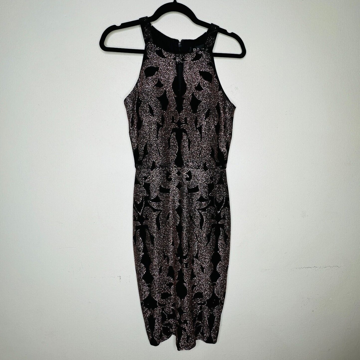 B&A Betsy & Adam Black and Rose Gold Glitter Sleeveless Fitted Halter Dress 6