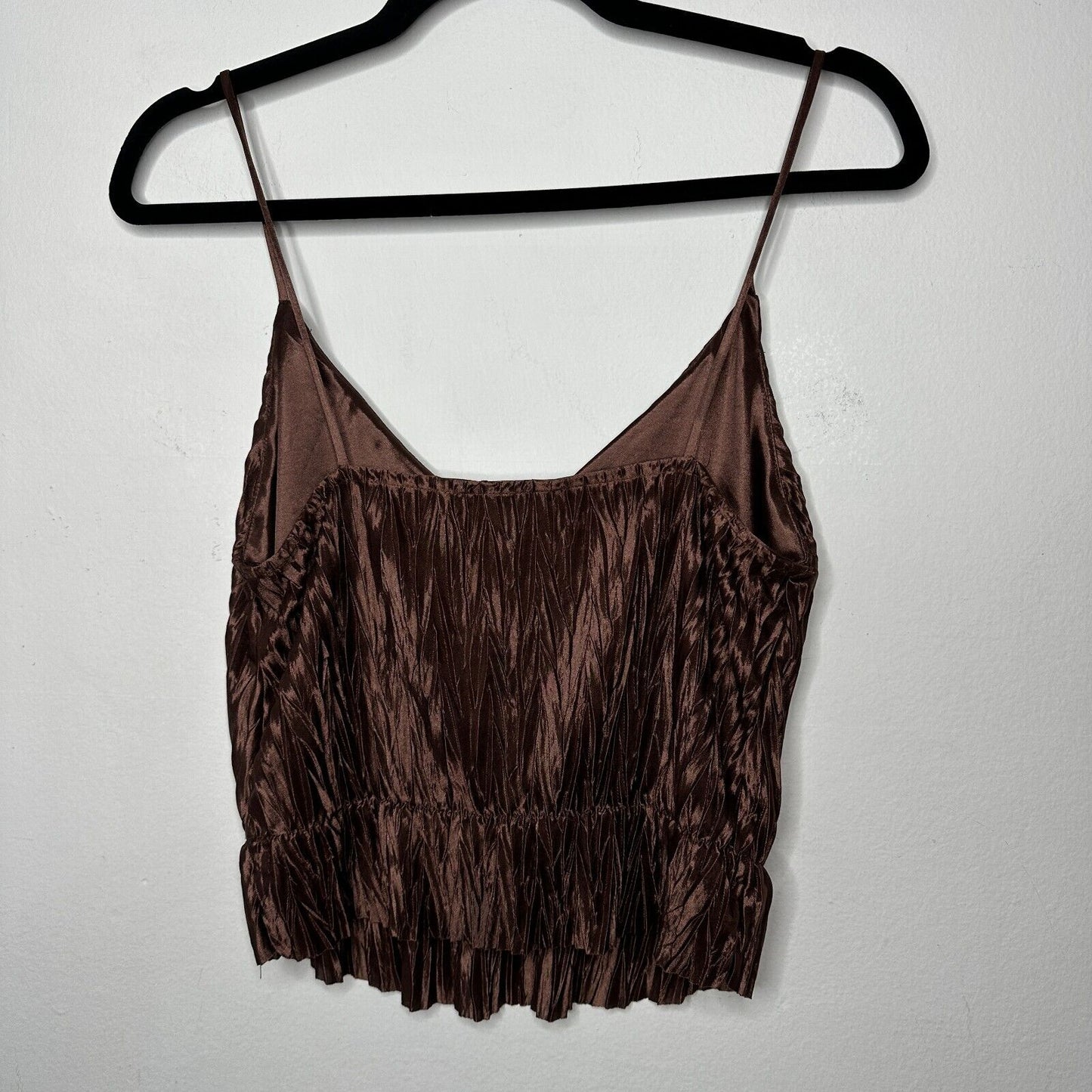 Zara Bronze Brown Travel Crinkle Satin Peplum Tank Spaghetti Strap V-Neck S