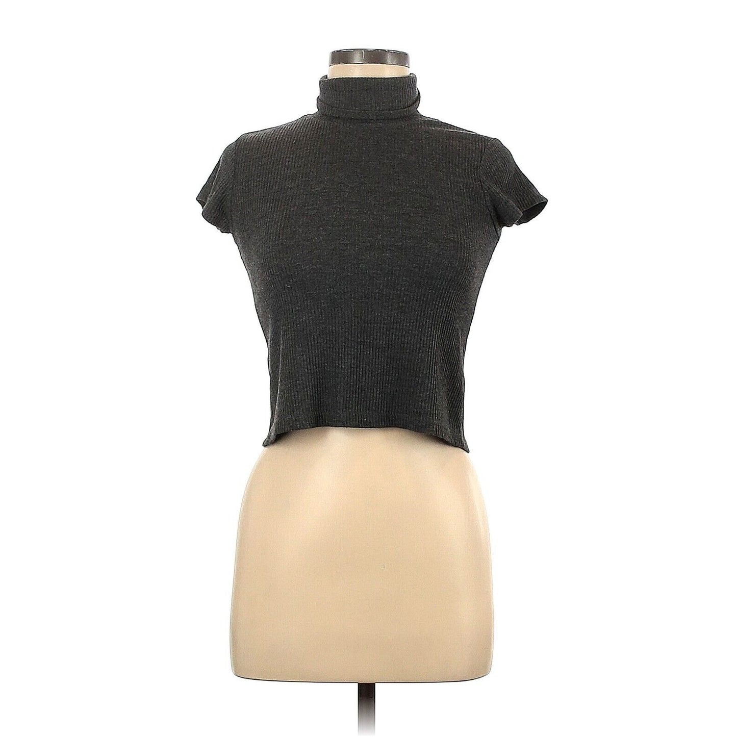 John Galt Black Short Sleeve Fitted Ribbed Knit Cropped Turtle Neck Sweater OS
