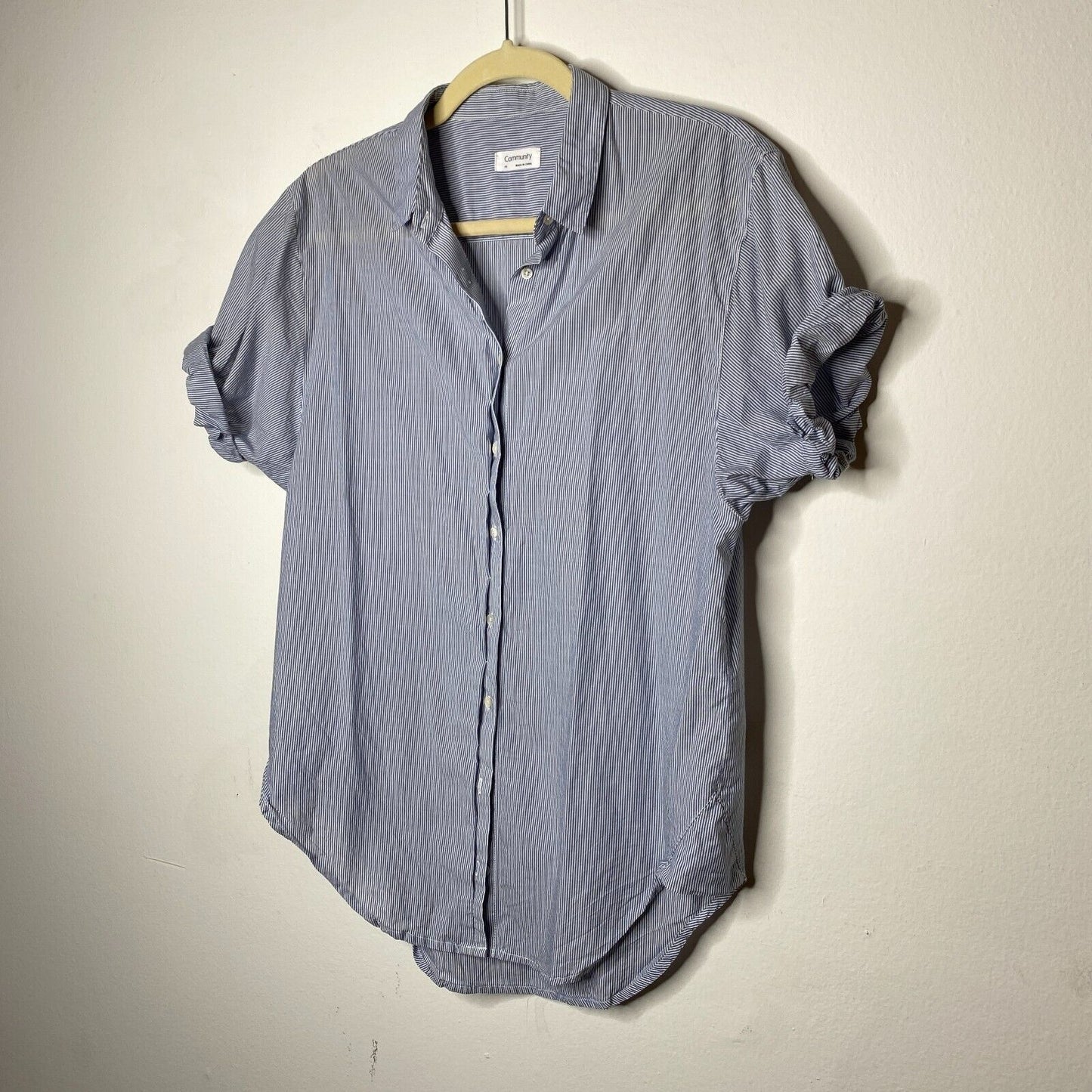 Aritzia Community Blue and White Pin Stripe The Jane Short Sleeve Button Shirt
