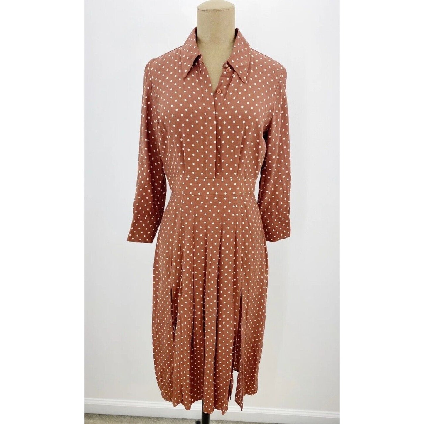 Topshop Brown Cream Polka-Dot 3/4 Sleeve Front Button Pleated Slit Maxi Dress 2