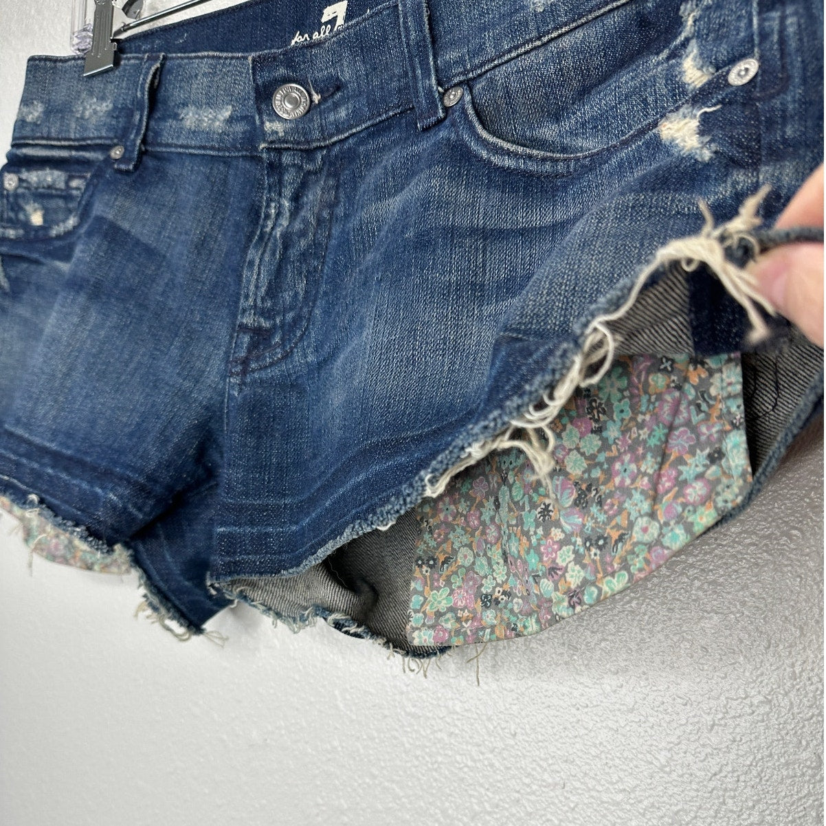 7 For All Mankind Dark Blue Distressed Low Rise Raw Hem Jean Shorts 29