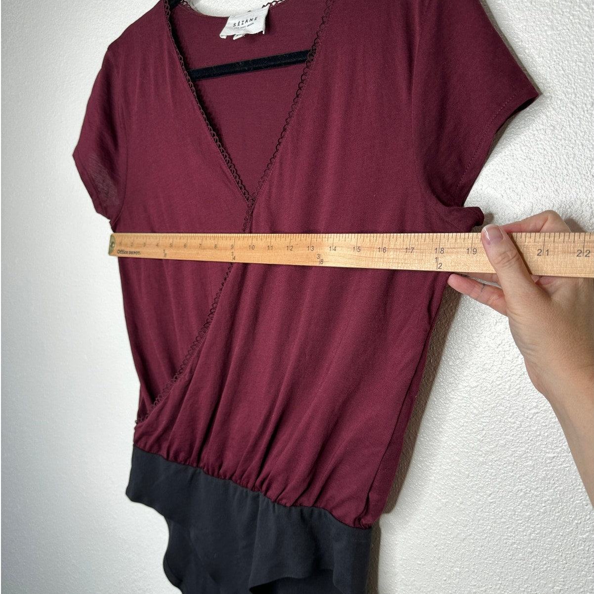 Sezane Burgundy & Black Thibault Bodysuit Crossover Neckline Short Sleeve
