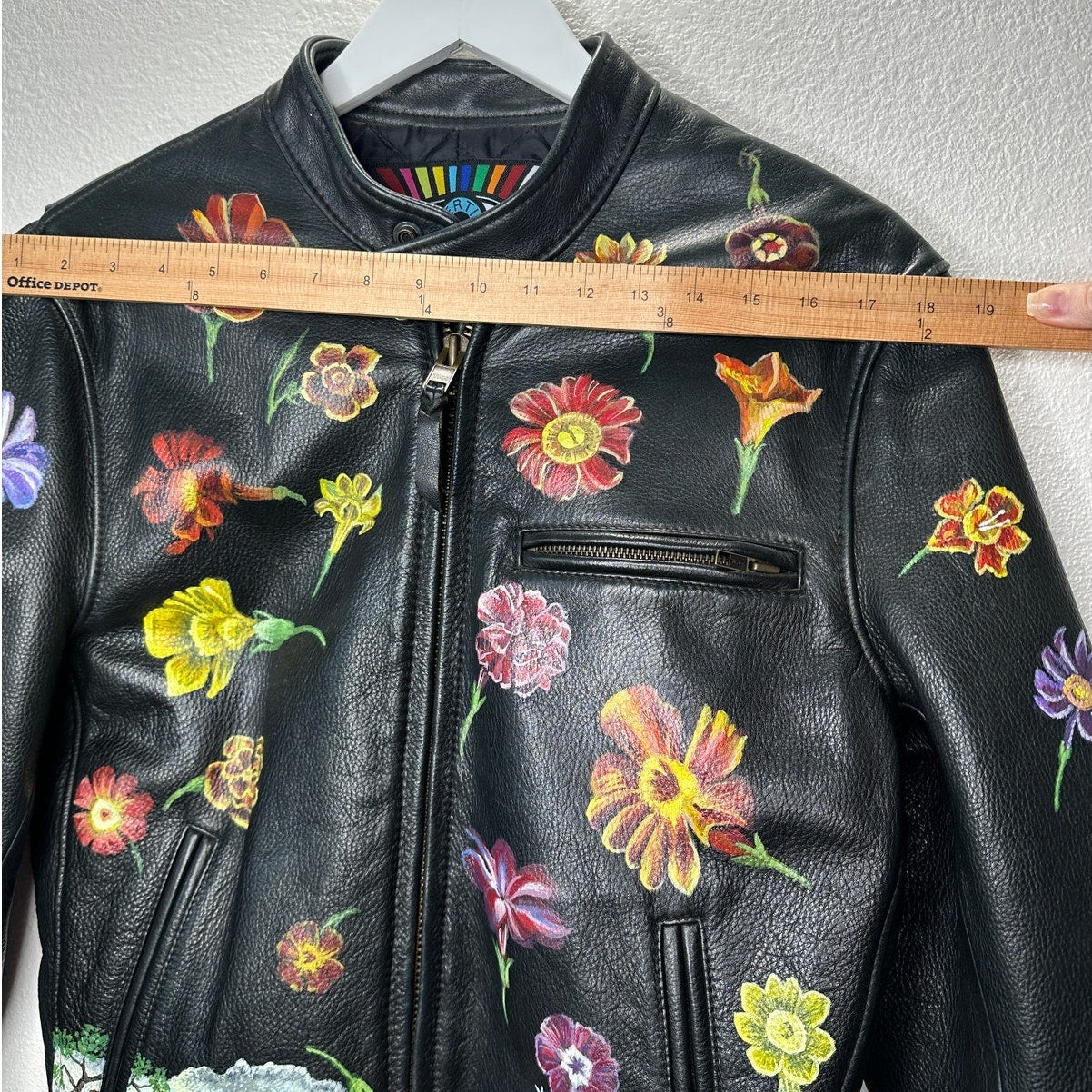Libertine Hand-Painted Floral Skull Black Leather Moto Jacket M