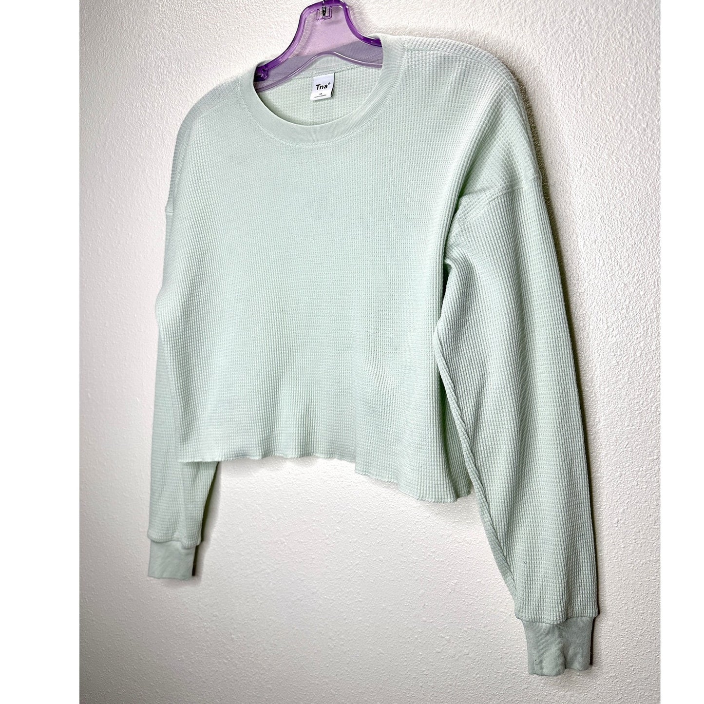 Aritzia TNA Light Mint Green Waffle Knit Long Sleeve Crop Sweater S