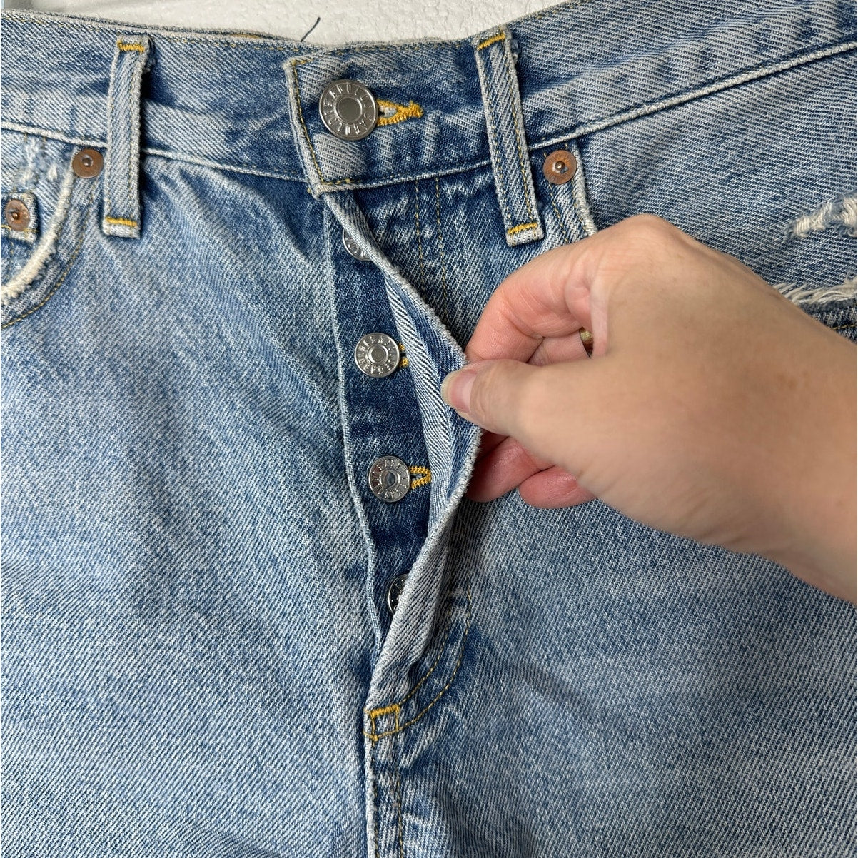 AGOLDE Medium Blue Raw Hem Distressed Button Fly Cut Off Jean Shorts 28