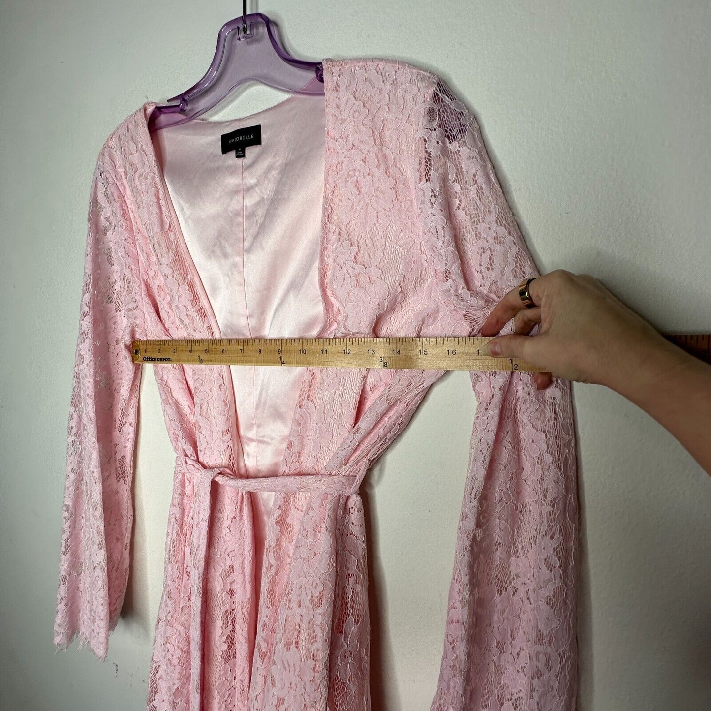 Marjorelle Pale Pink Lace Long Sleeve Tie Waist Kimono Wrap Mini Dress Robe M