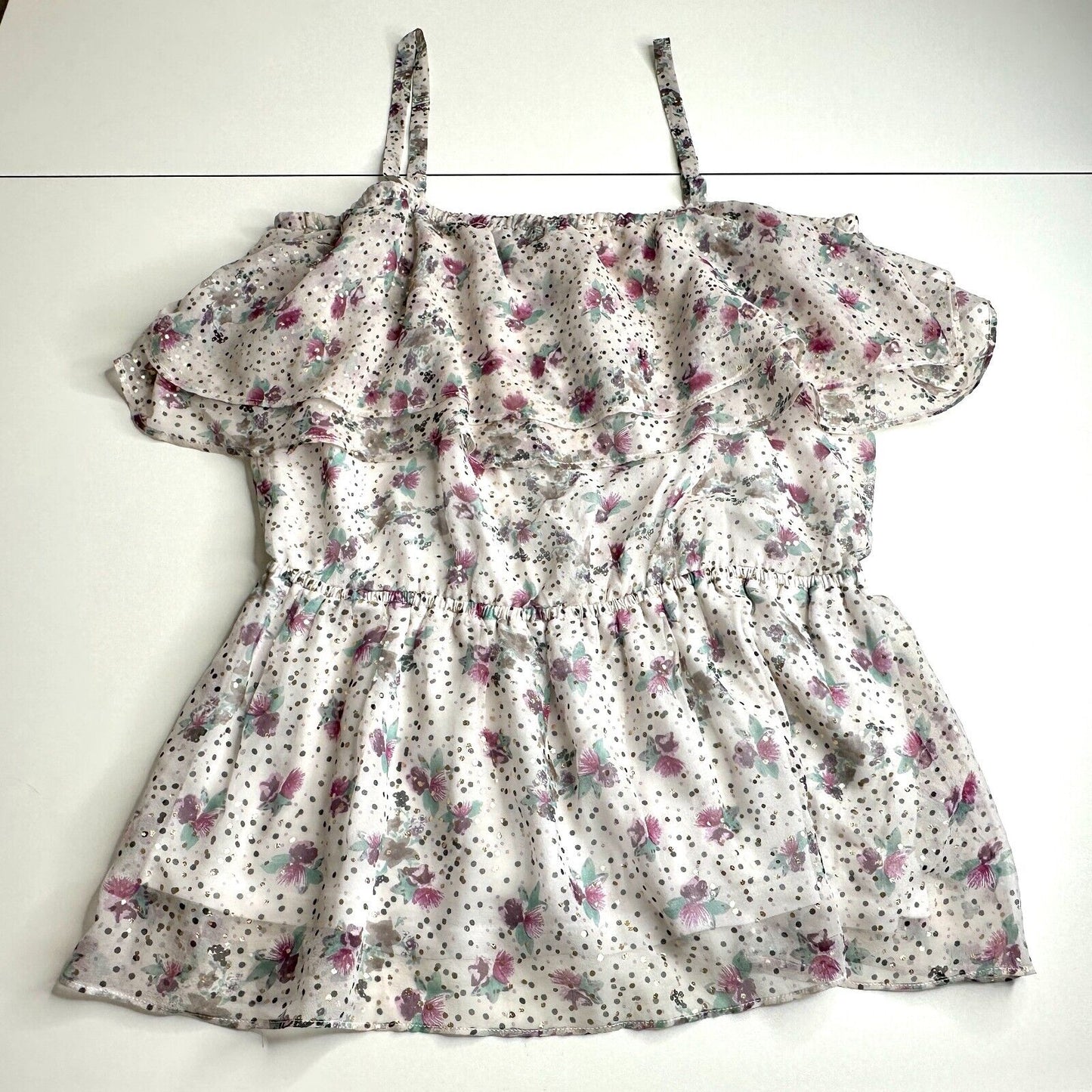 NWT Ella Moss White Purple Gold Metallic Dot Spaghetti Strap Ruffle Top L