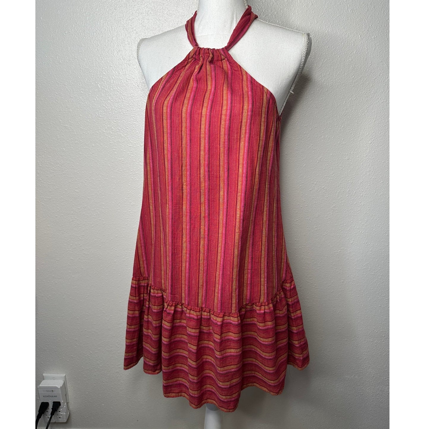 BCBG Generation Halter Mini Dress XS Pink Striped Sleeveless Flowy Ruffle Hem