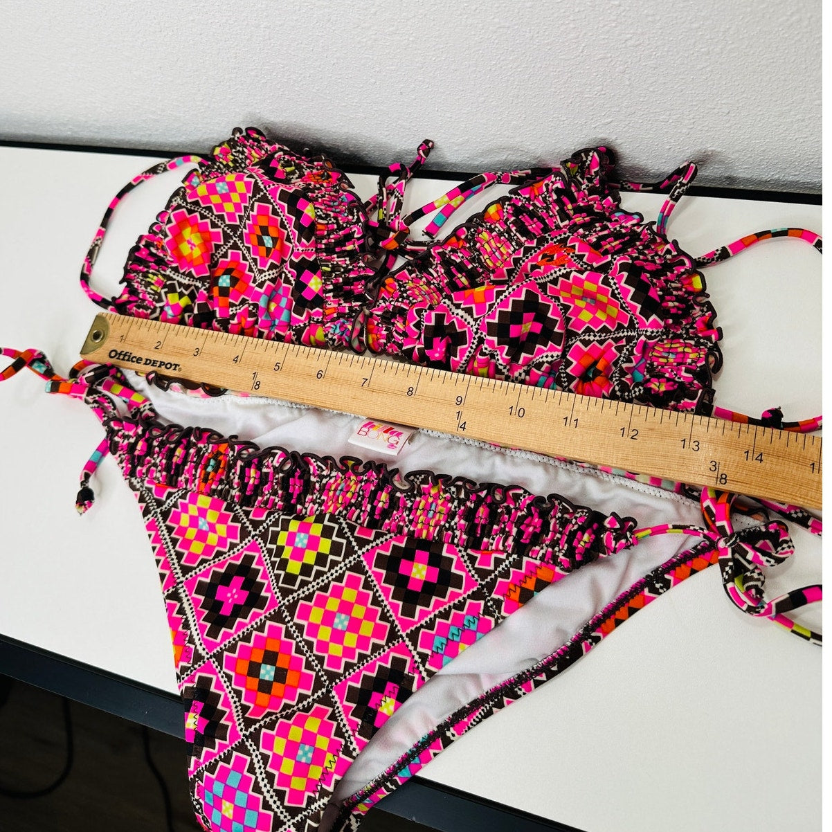 BIllabong Brown Pink Yellow Multi Print Ruched Ruffle Trim Bikini L