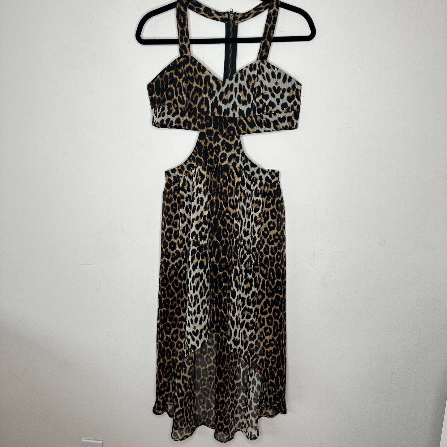 Xtaren Cheetah Print Strappy Hi-Low Open Side Sweetheart Neck Zip Back Dress S