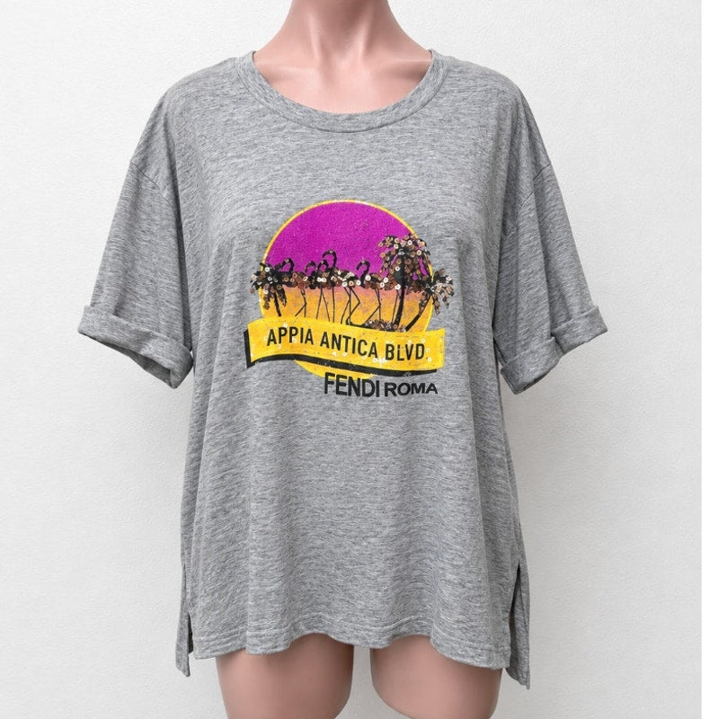 Fendi Gray Short Sleeve Appia Antica Blvd Fendi Roma logo Tee Bead Sequin Top L