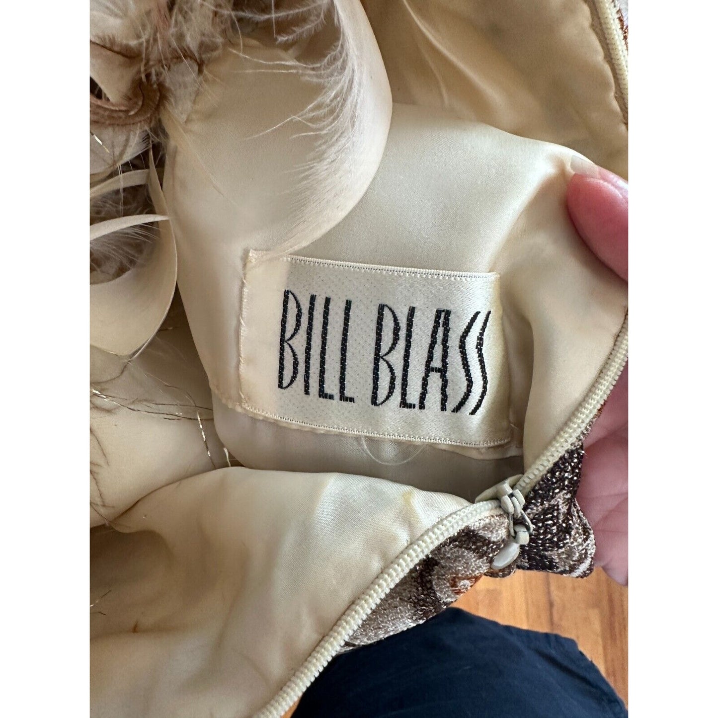 BILL BLASS Vintage 70s Couture Metallic Gold Lurex Knit Dress Ostrich Feather XS - S