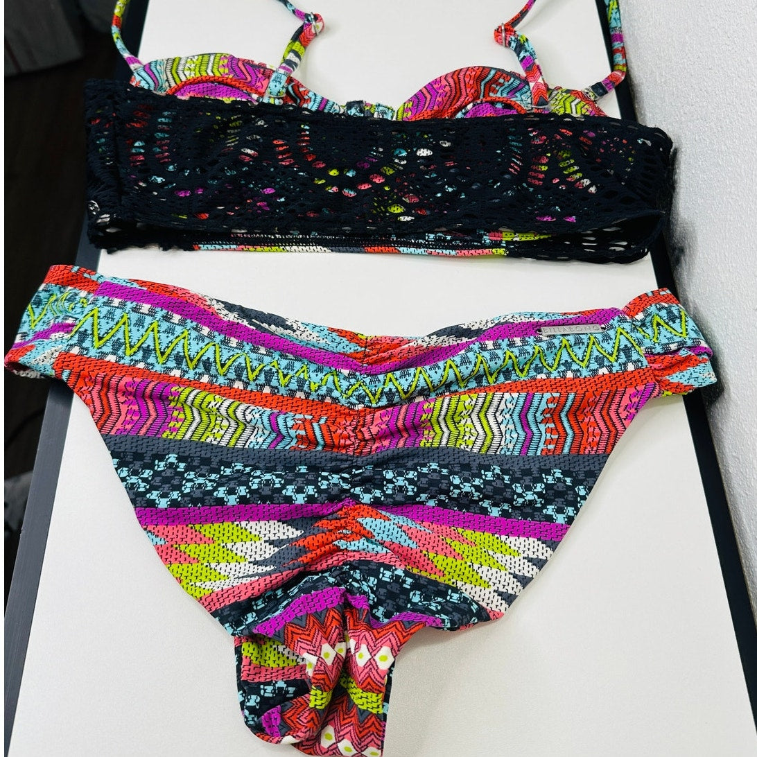 Billabong Black Blue Purple Green Multi Abstract Print Bikini M