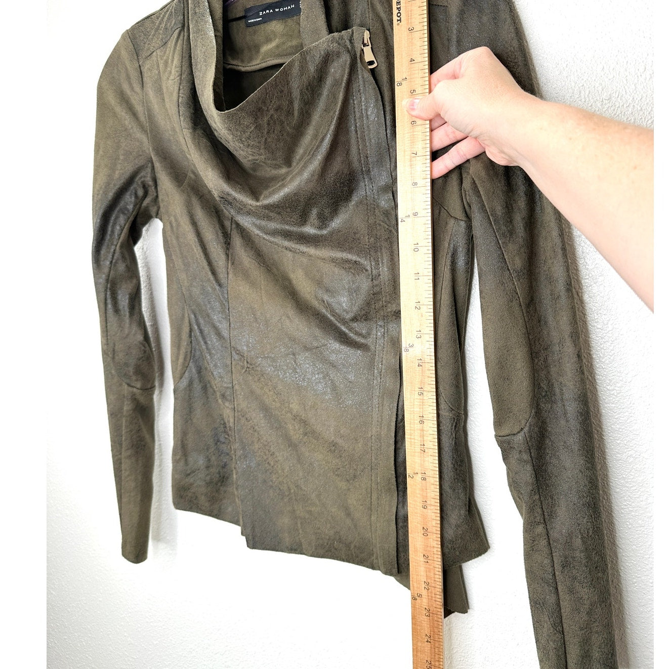 Zara Olive Green & Black Suede Long Sleeve Side Zip Cowel Neck Jacket XS