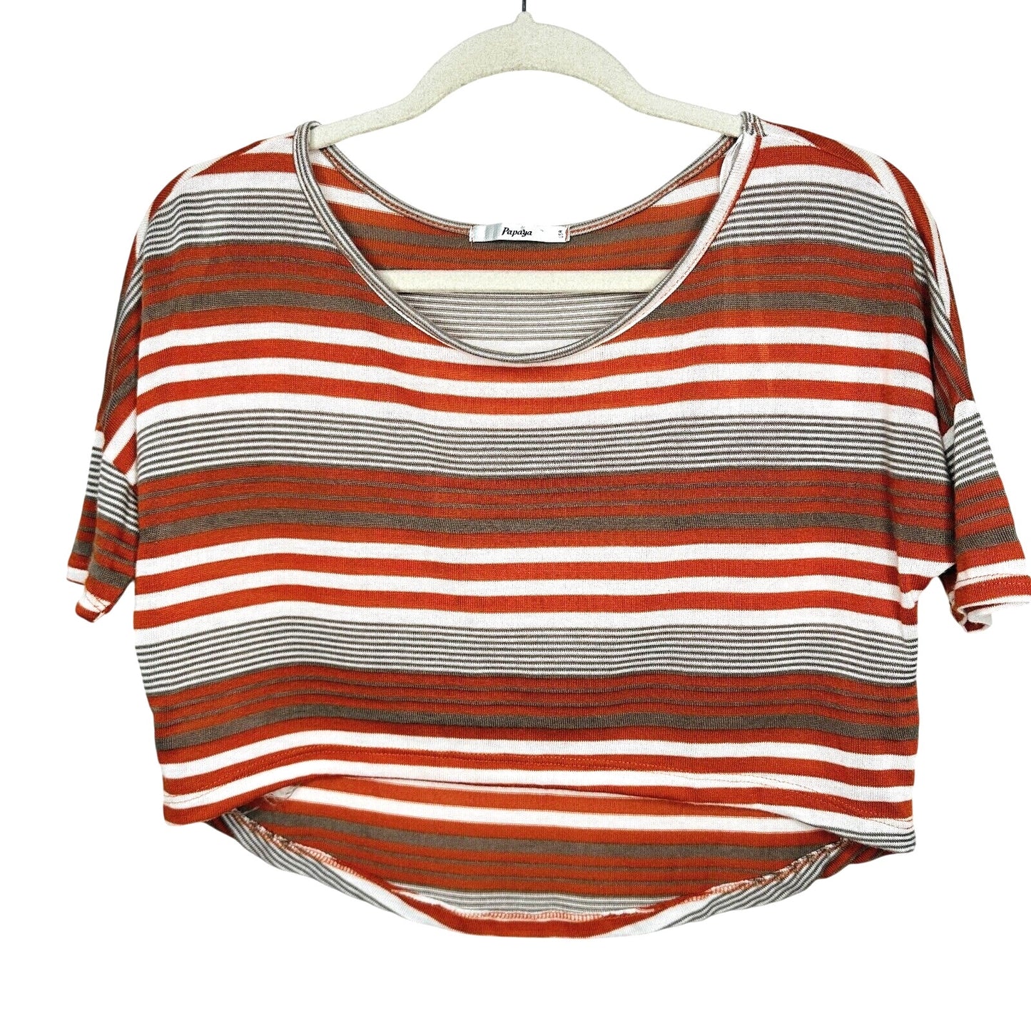 Papaya Casual White Orange Tan Striped Short Sleeve Crop Scoop Neck Tee Medium