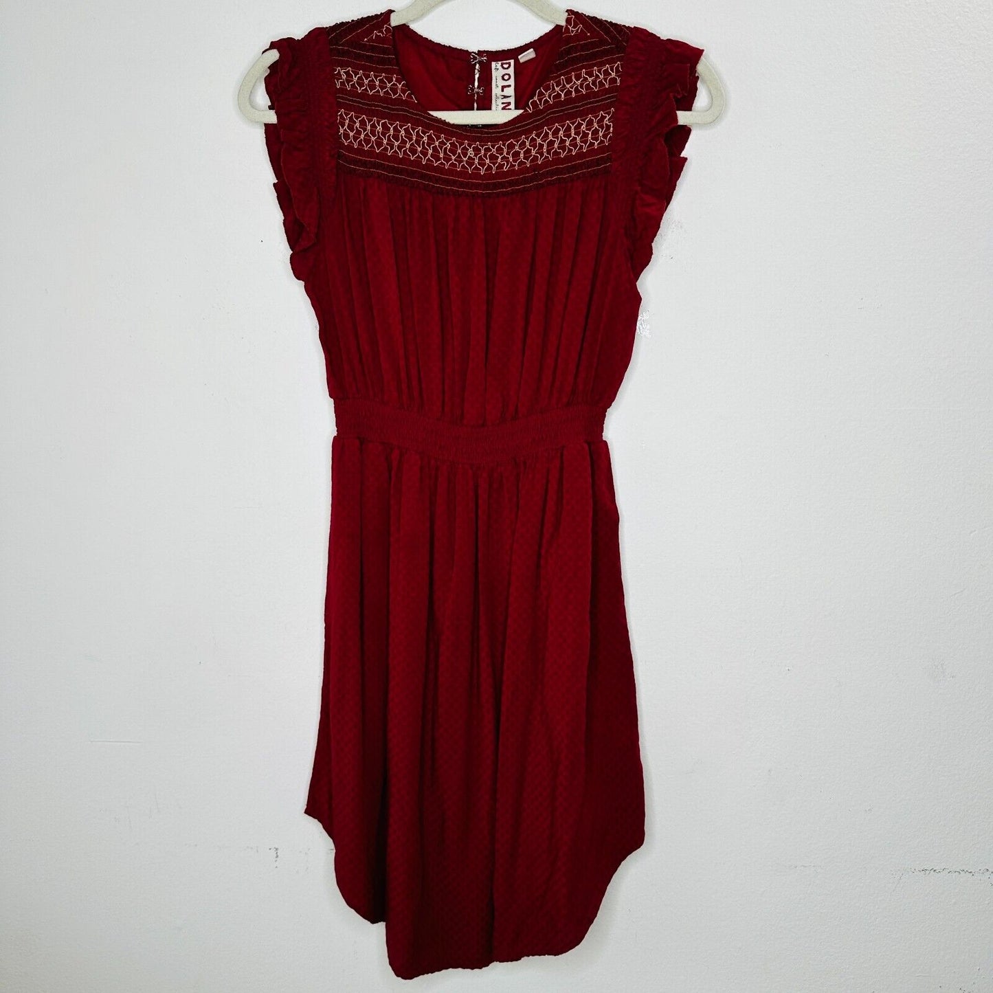 Anthropologie Dolan Red Left Coast Tansy Smocked Midi Ruffle-Shoulder Dress XS