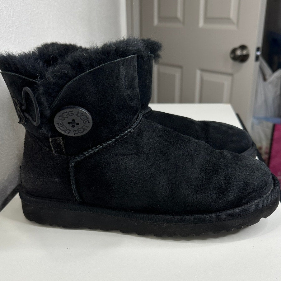 UGG Black Suede Furry Mini Bailey Button Ankle Boot 6
