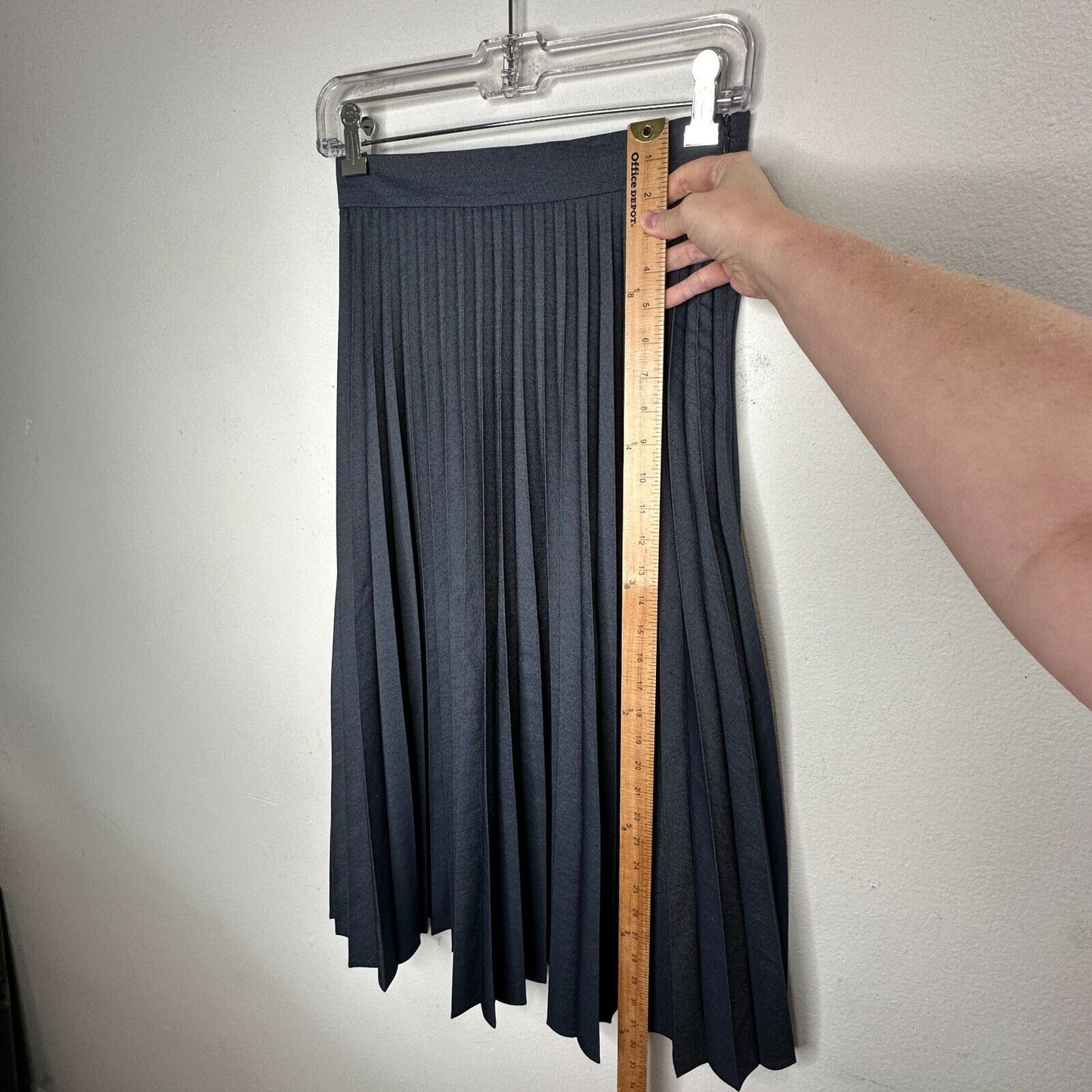 Zara Dark Blue Wash Box Pleated Denim Look Midi Skirt Waistband Side Zipper XS