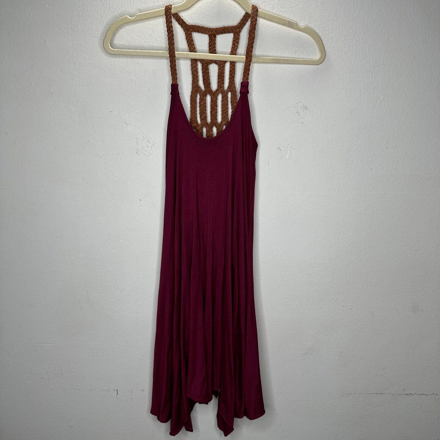 Sky Burgundy Scoop Neck Hand Braided Leather Design Back Strap Flowy Dress XS