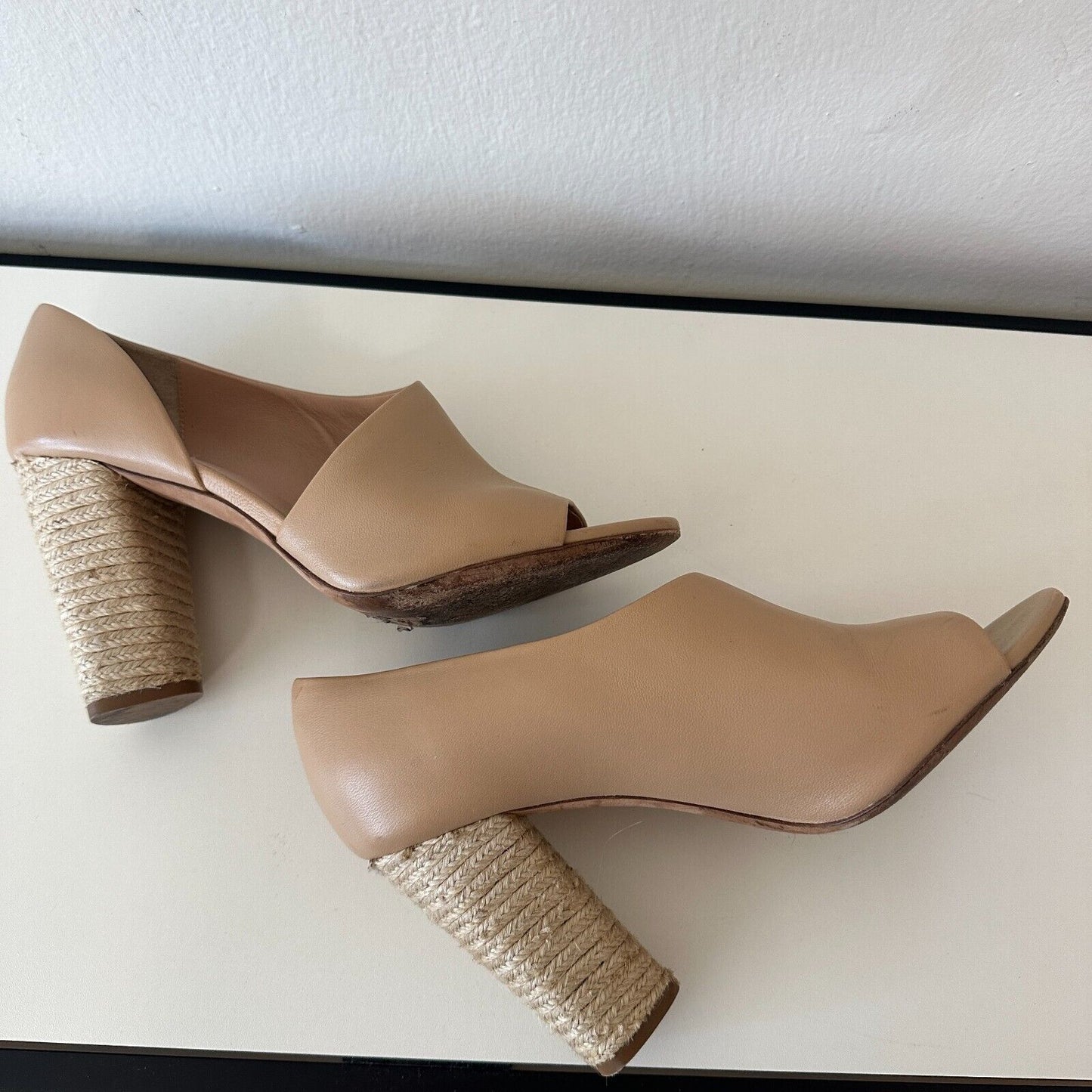 VINCE Percey Taupe Leather Open Toe Block Heel Sandals Jute Wrapped Heels 8.5