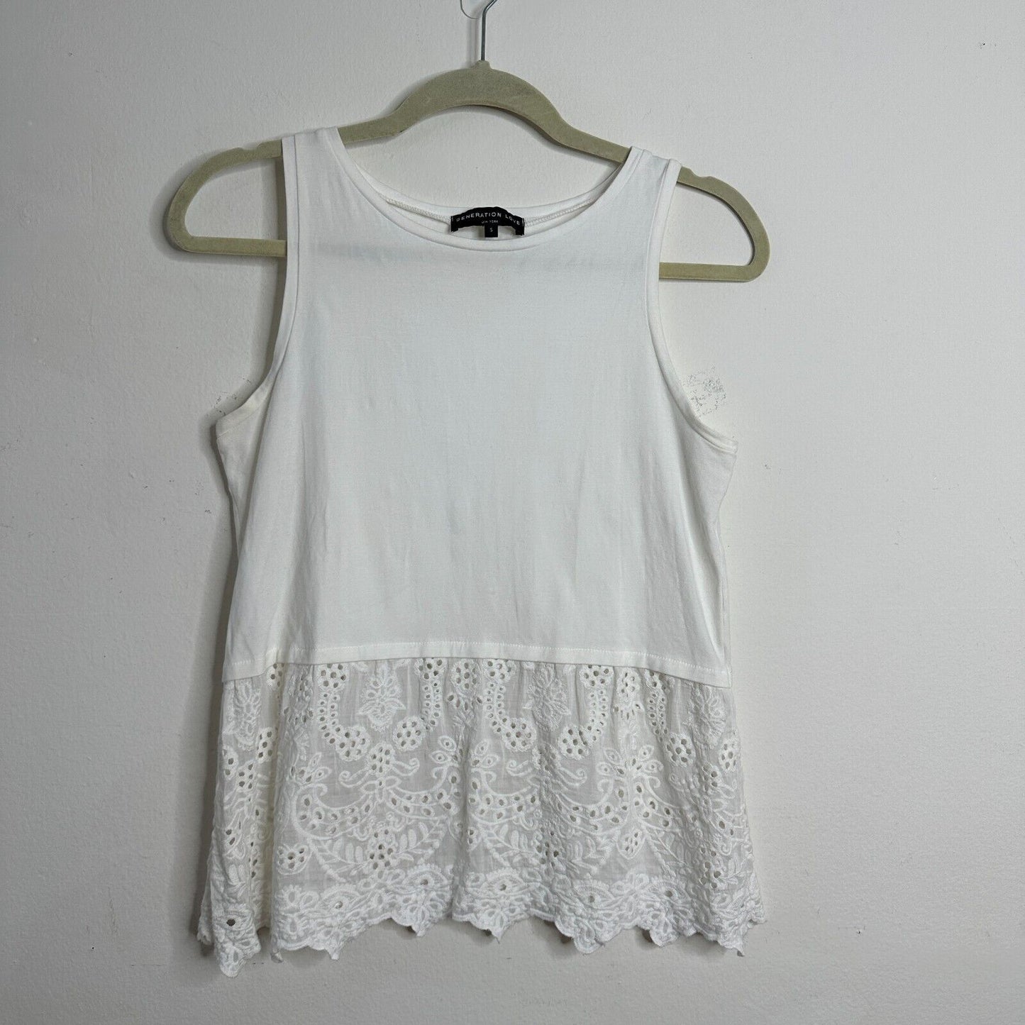 Generation Love Cute White Sleeveless Round Neck Eyelet Lace Mix-Media Tank SM