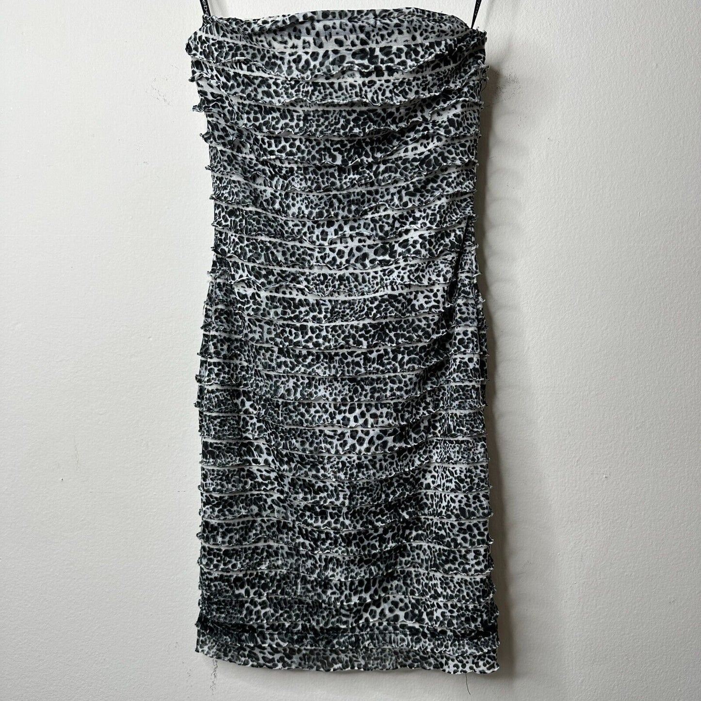 Bebe Black & White Leopard Print Tiered Mini Ruffle Bodycon Strapless Dress XS