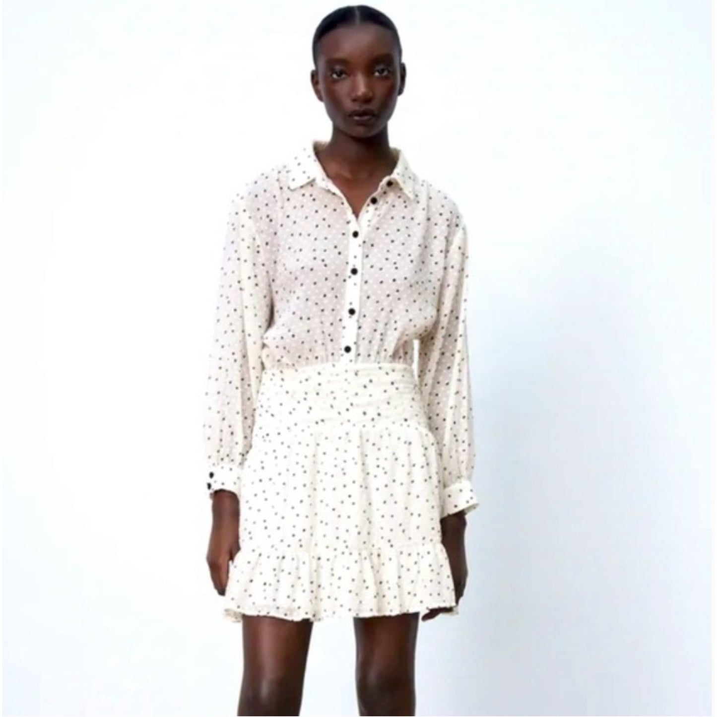 Zara Cream Black Dotted Swiss Long Sleeve 1/2 Button Collared Ruffle Hem Dress