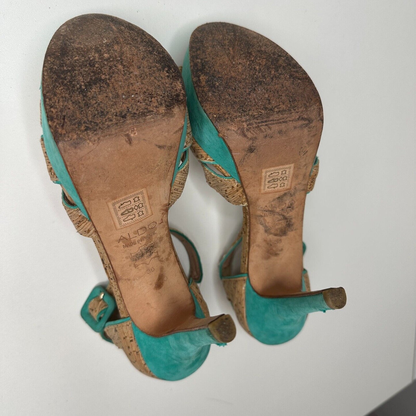 Aldo Platform Turquoise Suede & Tan Cork Stiletto Heel Ankle Strap Sandal 5.5