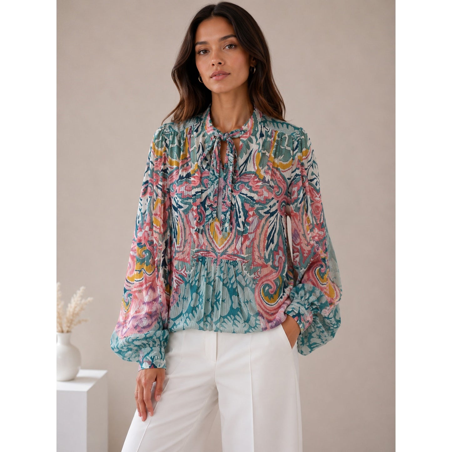 NWT Etro Teal Multicolor Paisley Georgette Long Sleeve Tie Neck Blouse 48 / XL