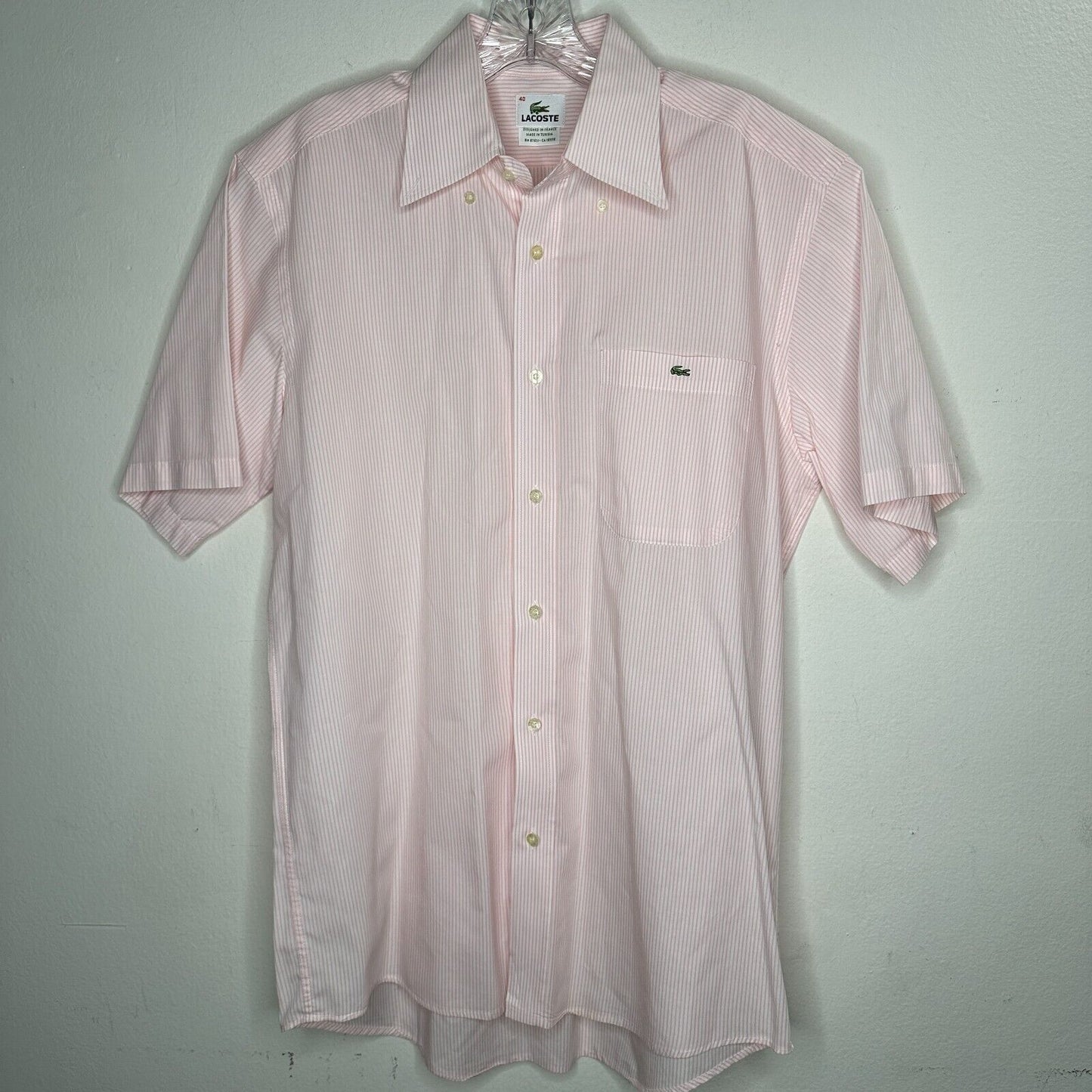 Lacoste Pink & White Pinstripe Short Sleeve Casual Button Front & Collar 40