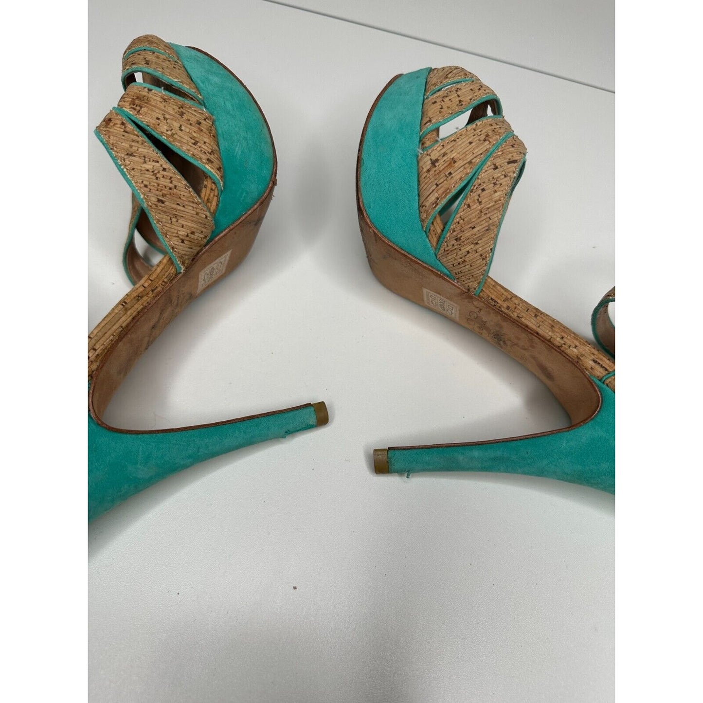 Aldo Platform Turquoise Suede & Tan Cork Stiletto Heel Ankle Strap Sandal 5.5