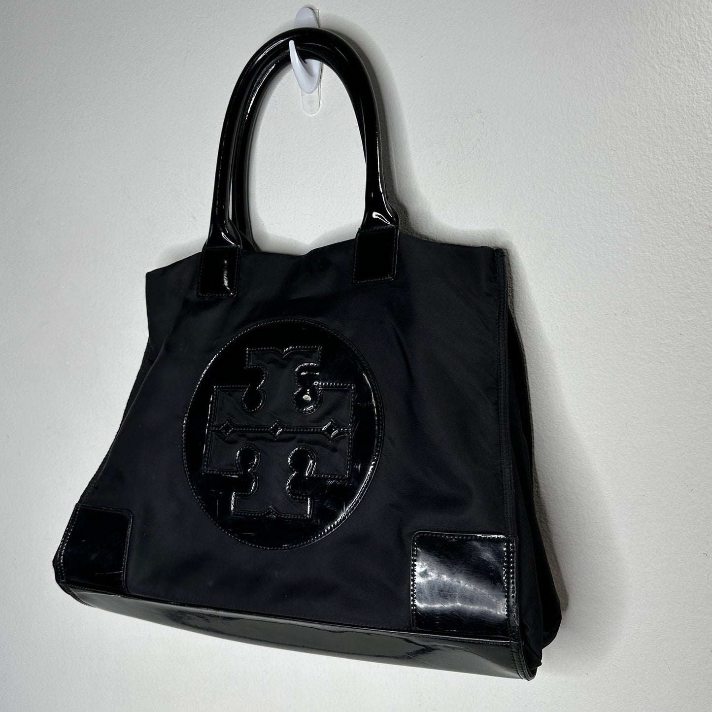 Tory Burch Black Canvas & Patent Leather Tote Bag 11 x 17